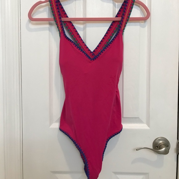 Pink embroidered one piece w/padded bra in (M)